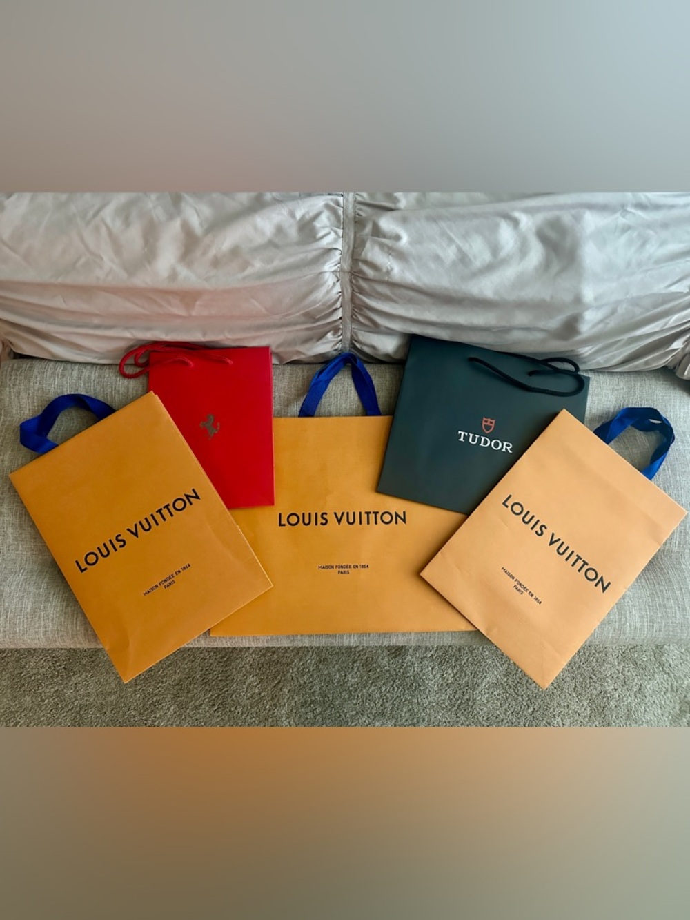 Tudor, Ferrari, & Louis Vuitton Branded Shopping Bags - Black, Orange, Red